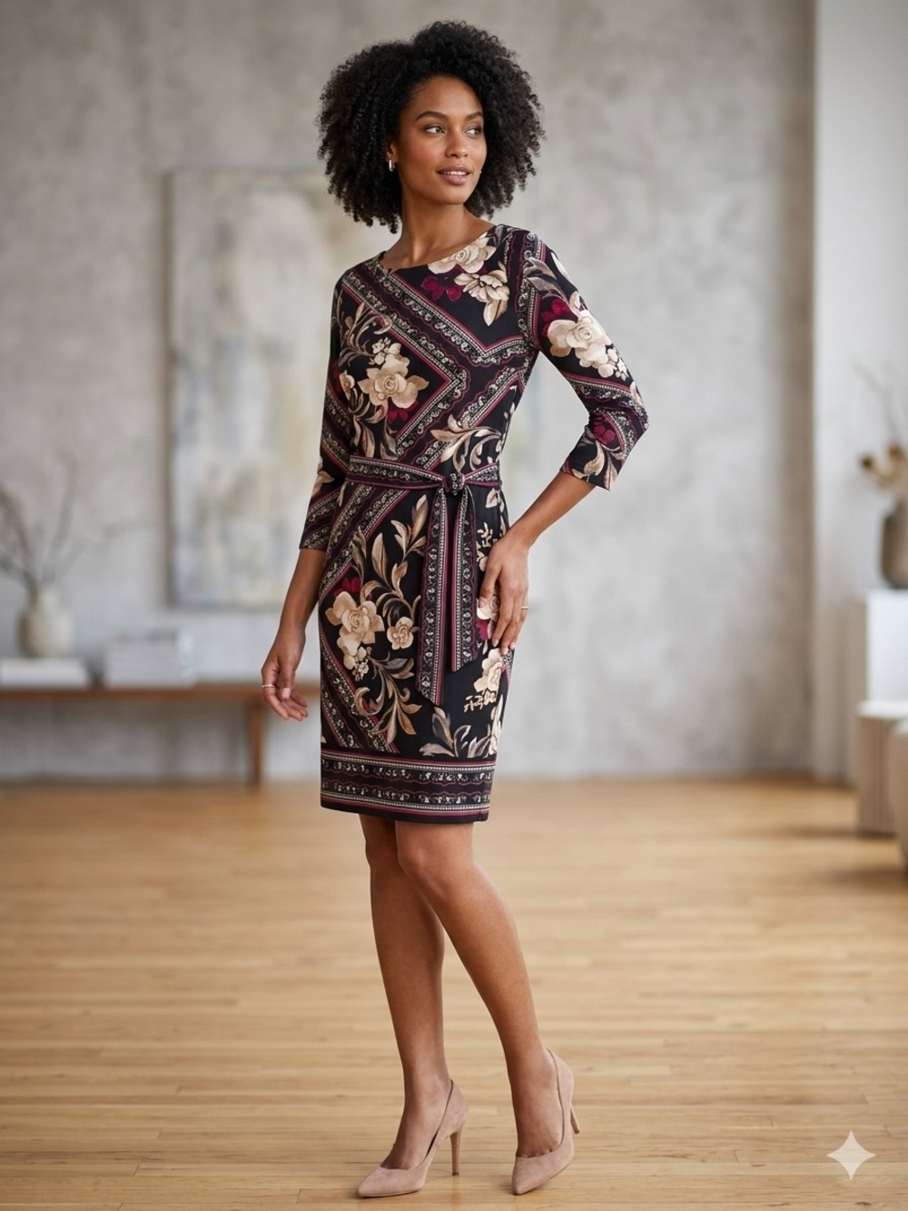 White House Black Market Black Floral Border-Print Tie-Waist Dress